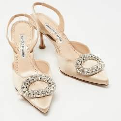 Pre Owned Manolo Blahnik Beige Satin Prietasli Slingback Pumps Size 36