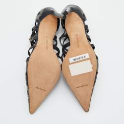 Pre Owned Manolo Blahnik Grey/Black Spots Canvas and Leather Spartel Pumps Size 40