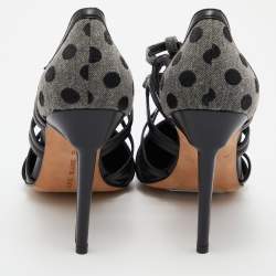 Pre Owned Manolo Blahnik Grey/Black Spots Canvas and Leather Spartel Pumps Size 40