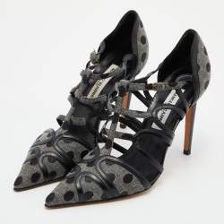 Pre Owned Manolo Blahnik Grey/Black Spots Canvas and Leather Spartel Pumps Size 40