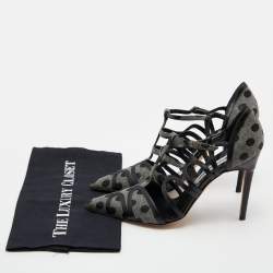 Pre Owned Manolo Blahnik Grey/Black Spots Canvas and Leather Spartel Pumps Size 40