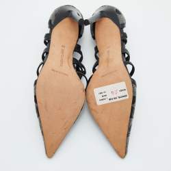 Pre Owned Manolo Blahnik Grey/Black Spots Canvas and Leather Spartel Pumps Size 37