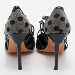 Pre Owned Manolo Blahnik Grey/Black Spots Canvas and Leather Spartel Pumps Size 37