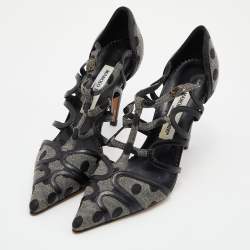 Pre Owned Manolo Blahnik Grey/Black Spots Canvas and Leather Spartel Pumps Size 37