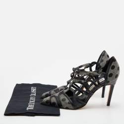 Pre Owned Manolo Blahnik Grey/Black Spots Canvas and Leather Spartel Pumps Size 37