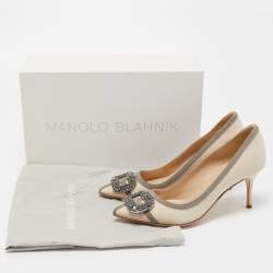 Pre Owned Manolo Blahnik Beige/Grey Satin Gotrian Crystal Embellished Pumps Size 37