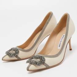Pre Owned Manolo Blahnik Beige/Grey Satin Gotrian Crystal Embellished Pumps Size 37