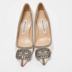 Pre Owned Manolo Blahnik Beige/Grey Satin Gotrian Crystal Embellished Pumps Size 37