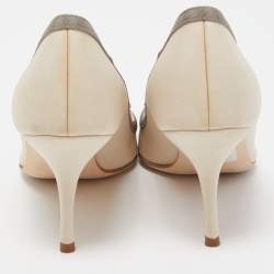 Pre Owned Manolo Blahnik Beige/Grey Satin Gotrian Crystal Embellished Pumps Size 37