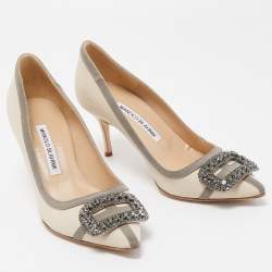 Pre Owned Manolo Blahnik Beige/Grey Satin Gotrian Crystal Embellished Pumps Size 37