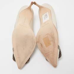 Pre Owned Manolo Blahnik Beige/Grey Satin Gotrian Crystal Embellished Pumps Size 37