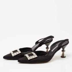 Manolo Blahnik  Black Satin Crystal Embellished Pointed Toe Slingback Pumps Size 39