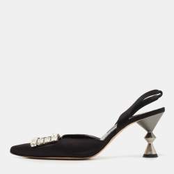 Manolo Blahnik  Black Satin Crystal Embellished Pointed Toe Slingback Pumps Size 39