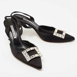 Manolo Blahnik  Black Satin Crystal Embellished Pointed Toe Slingback Pumps Size 39