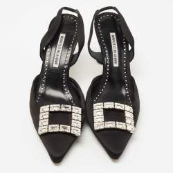 Manolo Blahnik  Black Satin Crystal Embellished Pointed Toe Slingback Pumps Size 39
