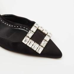 Manolo Blahnik  Black Satin Crystal Embellished Pointed Toe Slingback Pumps Size 39
