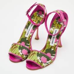 Pre Owned Manolo Blahnik Multicolor Floral Print Canvas and Leather Ankle Strap Sandals Size 38