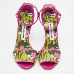 Pre Owned Manolo Blahnik Multicolor Floral Print Canvas and Leather Ankle Strap Sandals Size 38