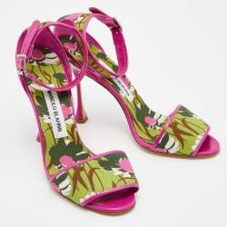 Pre Owned Manolo Blahnik Multicolor Floral Print Canvas and Leather Ankle Strap Sandals Size 38