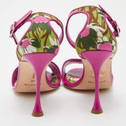 Pre Owned Manolo Blahnik Multicolor Floral Print Canvas and Leather Ankle Strap Sandals Size 38