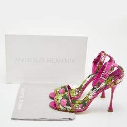 Pre Owned Manolo Blahnik Multicolor Floral Print Canvas and Leather Ankle Strap Sandals Size 38