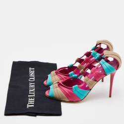 Pre Owned Manolo Blahnik Tri Color Leather Natuk Peep Toe Sandals Size 38.5