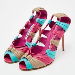 Pre Owned Manolo Blahnik Tri Color Leather Natuk Peep Toe Sandals Size 38.5