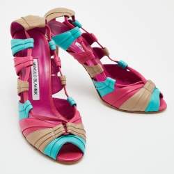 Pre Owned Manolo Blahnik Tri Color Leather Natuk Peep Toe Sandals Size 38.5