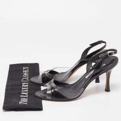 Pre Owned Manolo Blahnik Black Patent and PVC Slingback Sandals Size 38.5