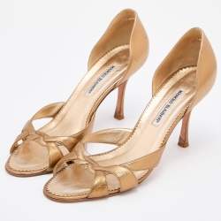 Pre Owned Manolo Blahnik Gold Foil Leather Open Toe Pumps Size 42