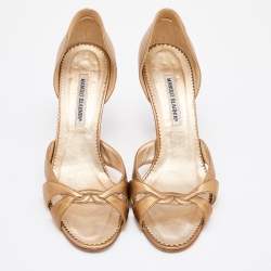 Pre Owned Manolo Blahnik Gold Foil Leather Open Toe Pumps Size 42