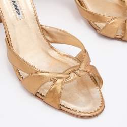 Pre Owned Manolo Blahnik Gold Foil Leather Open Toe Pumps Size 42