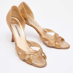 Pre Owned Manolo Blahnik Gold Foil Leather Open Toe Pumps Size 42