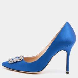 Manolo Blahnik Blue Satin Hangisi Crystal Embellished Pumps Size 40
