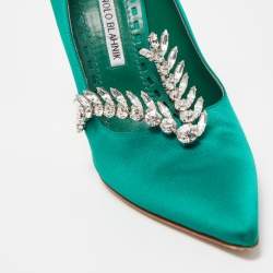 Pre Owned Manolo Blahnik Green Satin Crystal Embellished Nadira Pumps Size 39