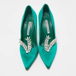 Pre Owned Manolo Blahnik Green Satin Crystal Embellished Nadira Pumps Size 39
