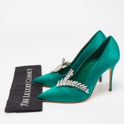 Pre Owned Manolo Blahnik Green Satin Crystal Embellished Nadira Pumps Size 39