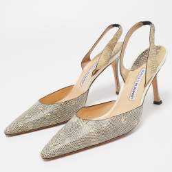 Pre Owned Manolo Blahnik Beige Lizard Carolyne Pointed Toe Slingback Sandals Size 41