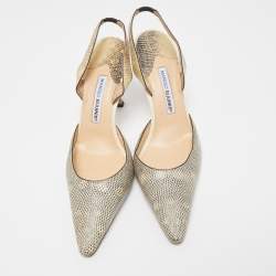 Pre Owned Manolo Blahnik Beige Lizard Carolyne Pointed Toe Slingback Sandals Size 41