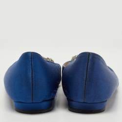 Pre Owned Manolo Blahnik Blue Satin Hangisi Crystals Ballet Flats Size 35.5