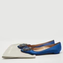 Pre Owned Manolo Blahnik Blue Satin Hangisi Crystals Ballet Flats Size 35.5