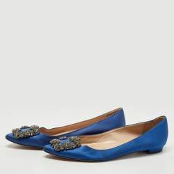 Pre Owned Manolo Blahnik Blue Satin Hangisi Crystals Ballet Flats Size 35.5