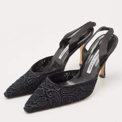 Pre Owned Manolo Blahnik Black Mesh and Satin Slingback Pumps Size 41