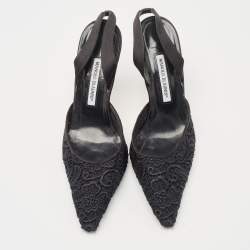 Pre Owned Manolo Blahnik Black Mesh and Satin Slingback Pumps Size 41