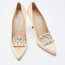Pre Owned Manolo Blahnik Beige Satin Borlak Pumps Size 40