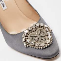 Manolo Blahnik Dark Grey Satin Crystal Embellished Pumps Size 39.5