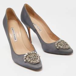 Manolo Blahnik Dark Grey Satin Crystal Embellished Pumps Size 39.5
