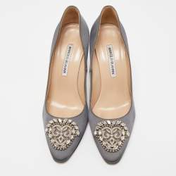 Manolo Blahnik Dark Grey Satin Crystal Embellished Pumps Size 39.5