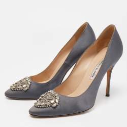 Manolo Blahnik Dark Grey Satin Crystal Embellished Pumps Size 39.5