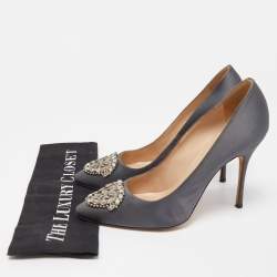 Manolo Blahnik Dark Grey Satin Crystal Embellished Pumps Size 39.5